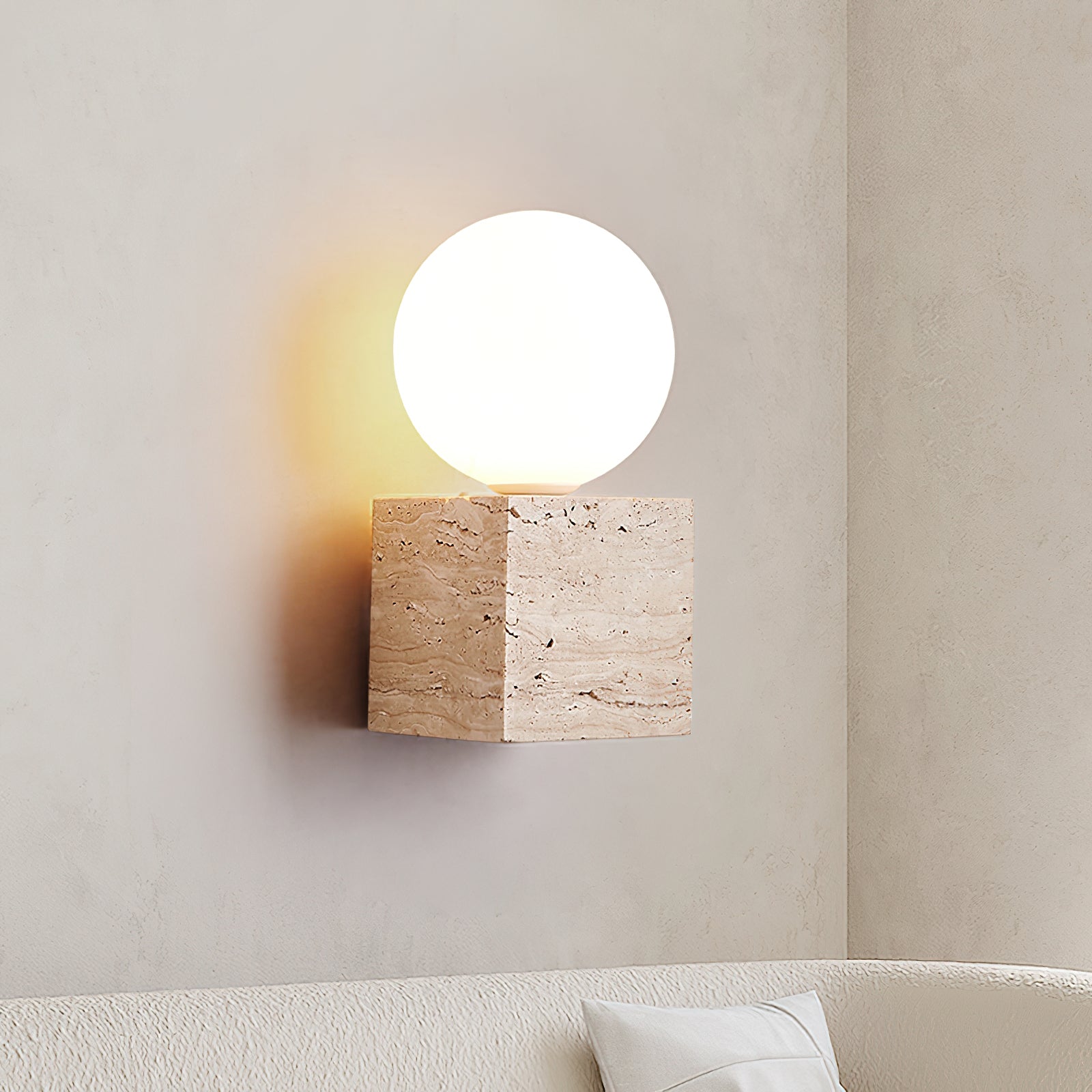 Minimalist Cube Wall Lamp - Travertine Base with White Shade
