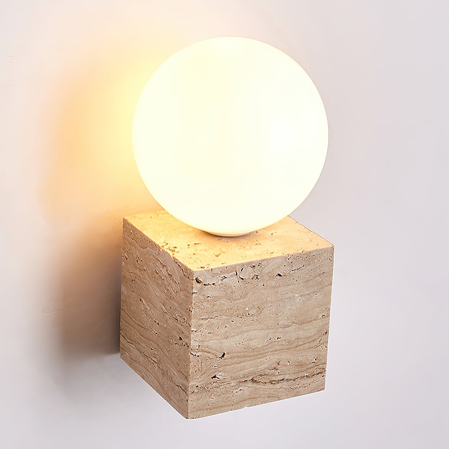 Minimalist Cube Wall Lamp - Travertine Base with White Shade