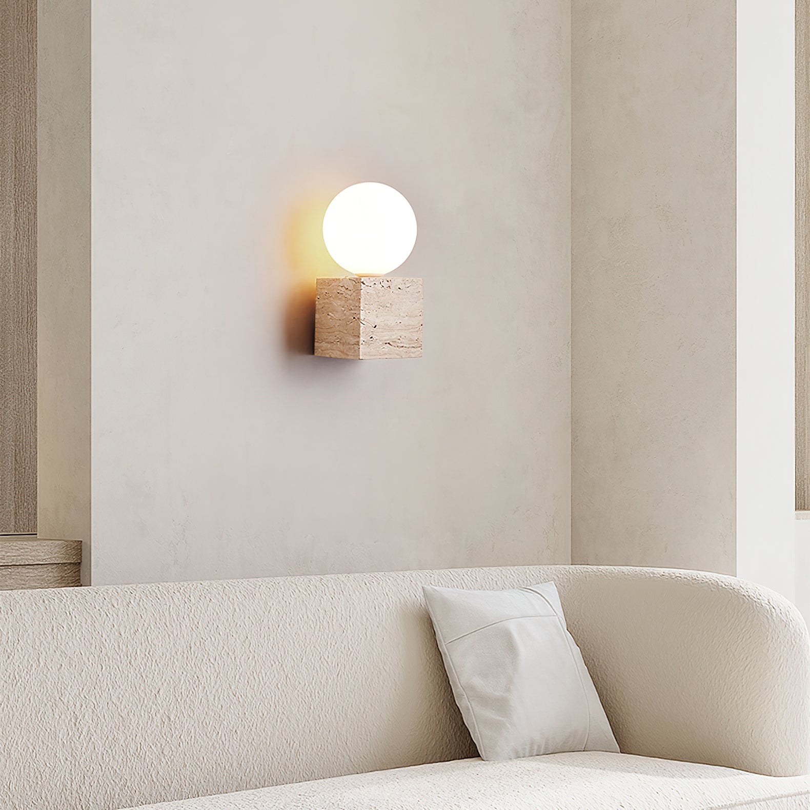 Minimalist Cube Wall Lamp - Travertine Base with White Shade