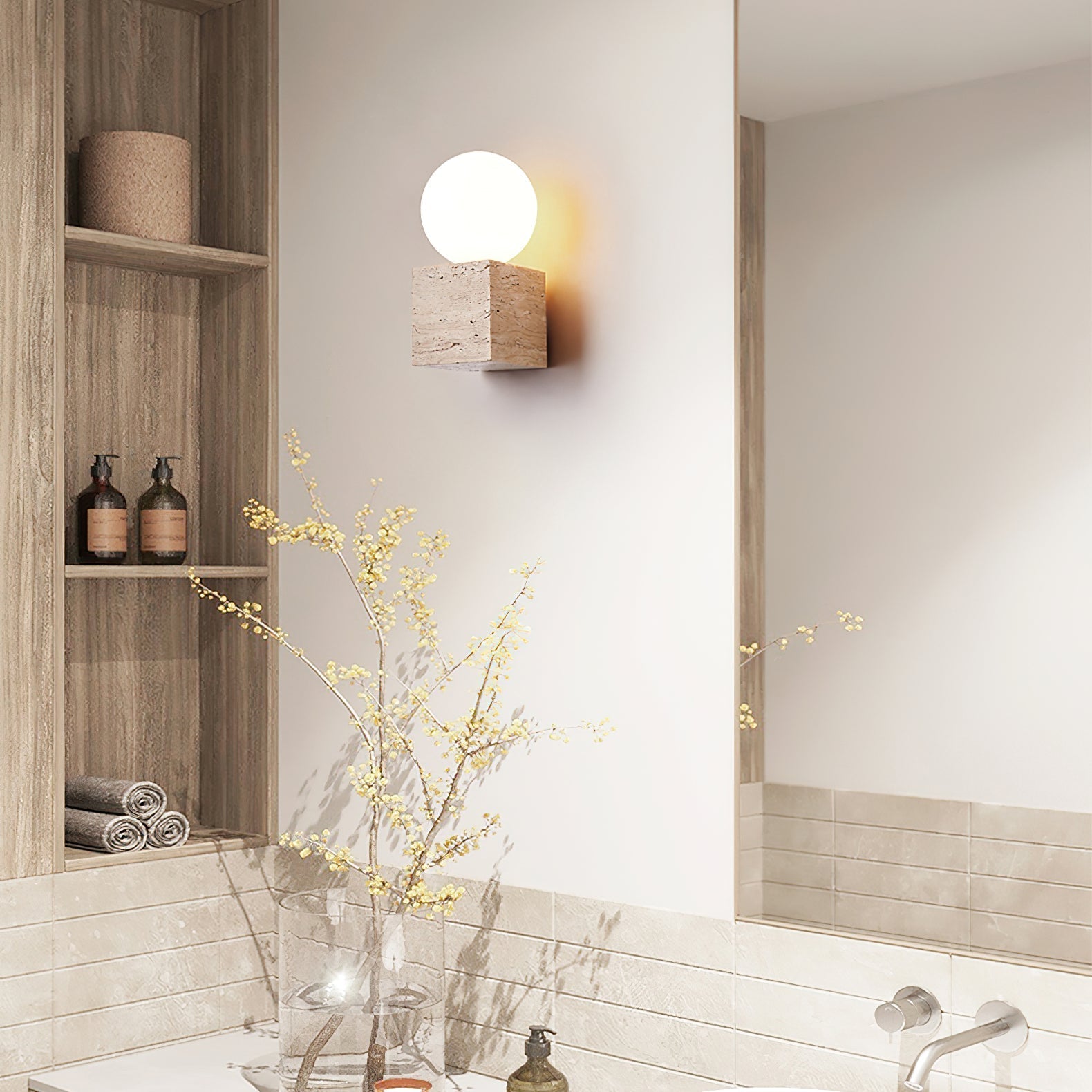 Minimalist Cube Wall Lamp - Travertine Base with White Shade