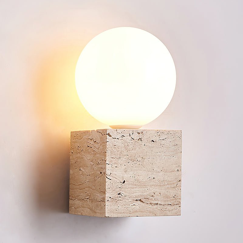 Minimalist Cube Wall Lamp - Travertine Base with White Shade