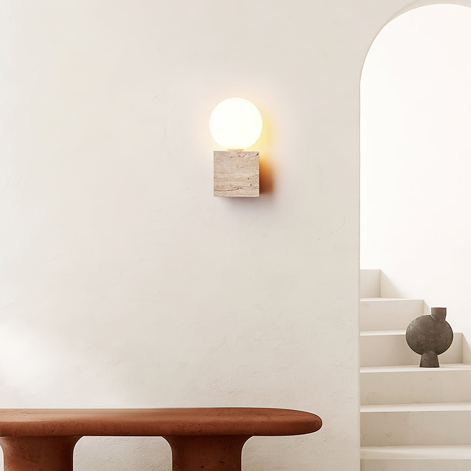Minimalist Cube Wall Lamp - Travertine Base with White Shade