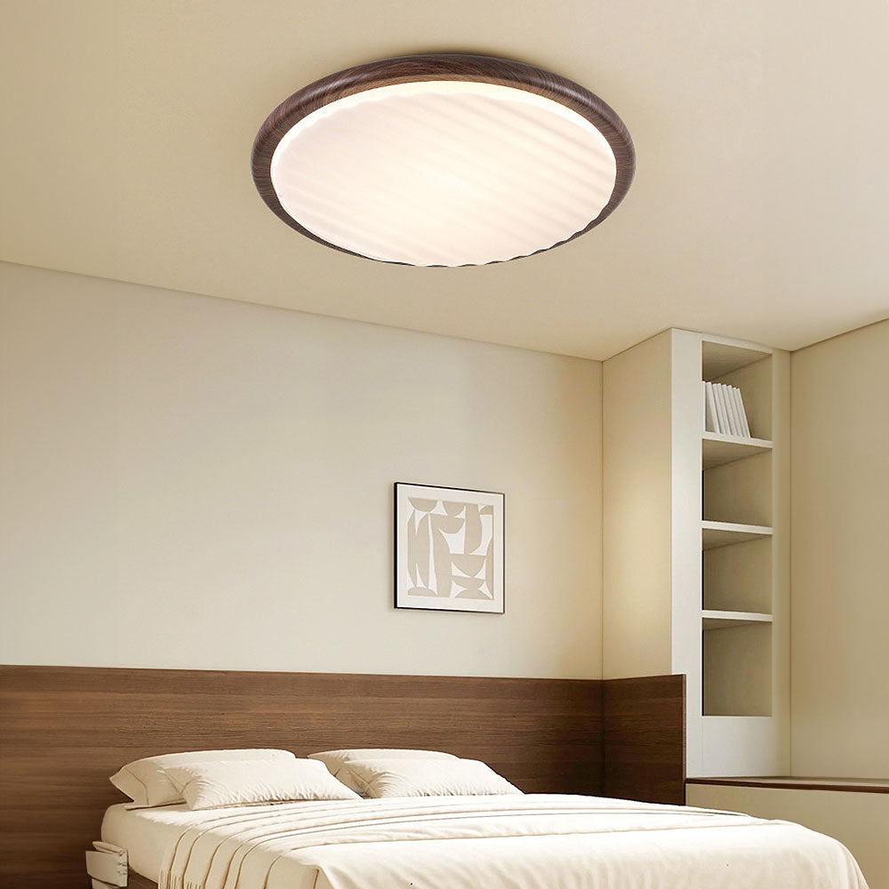 Modern Round Wood LED Ceiling Lamp | Pleated Shade