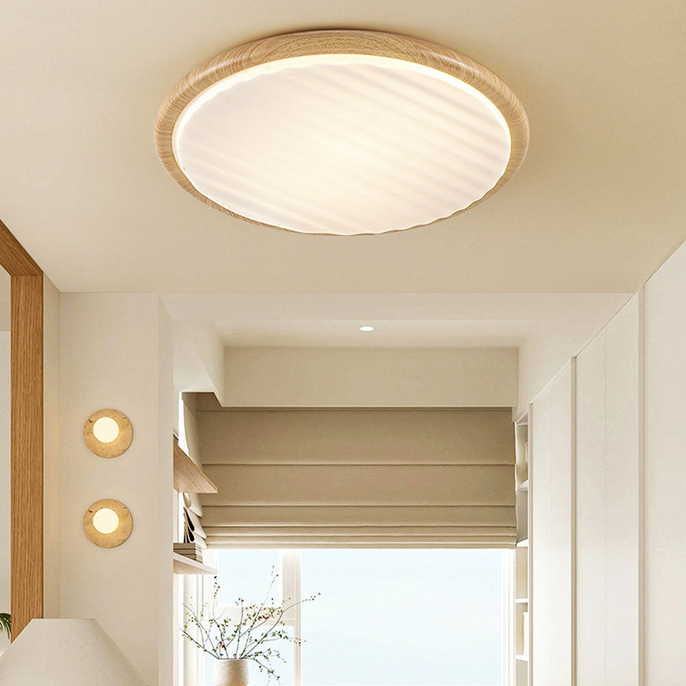 Modern Round Wood LED Ceiling Lamp | Pleated Shade