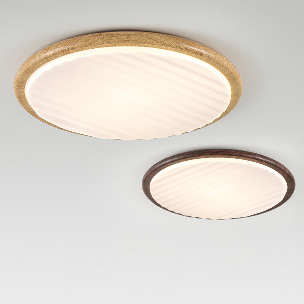 Modern Round Wood LED Ceiling Lamp | Pleated Shade