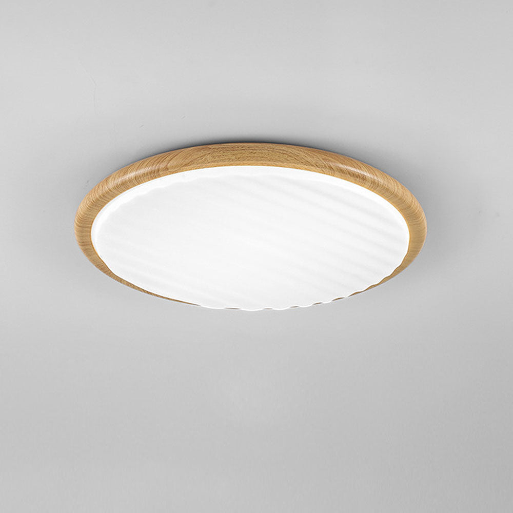 Modern Round Wood LED Ceiling Lamp | Pleated Shade