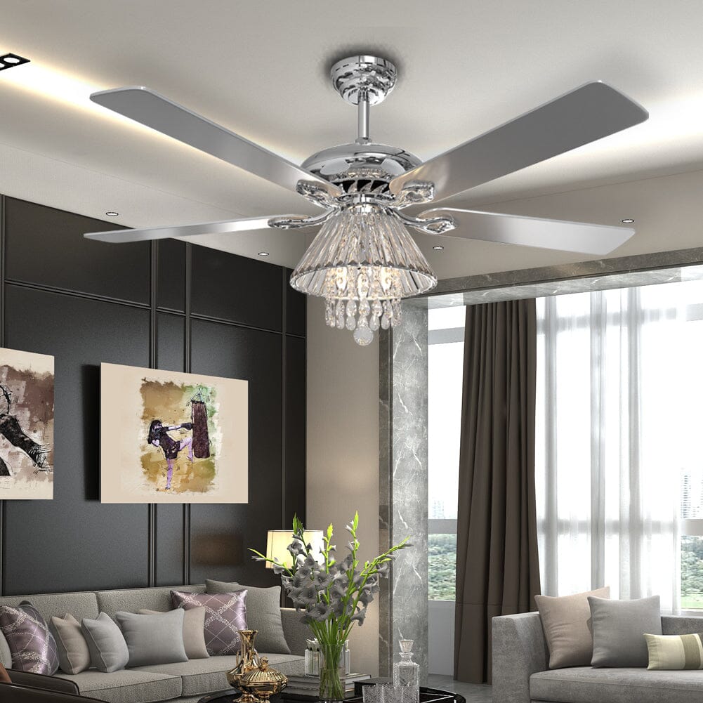 Elegant 52-Inch Silver Ceiling Fan with Crystal Chandelier Lighting