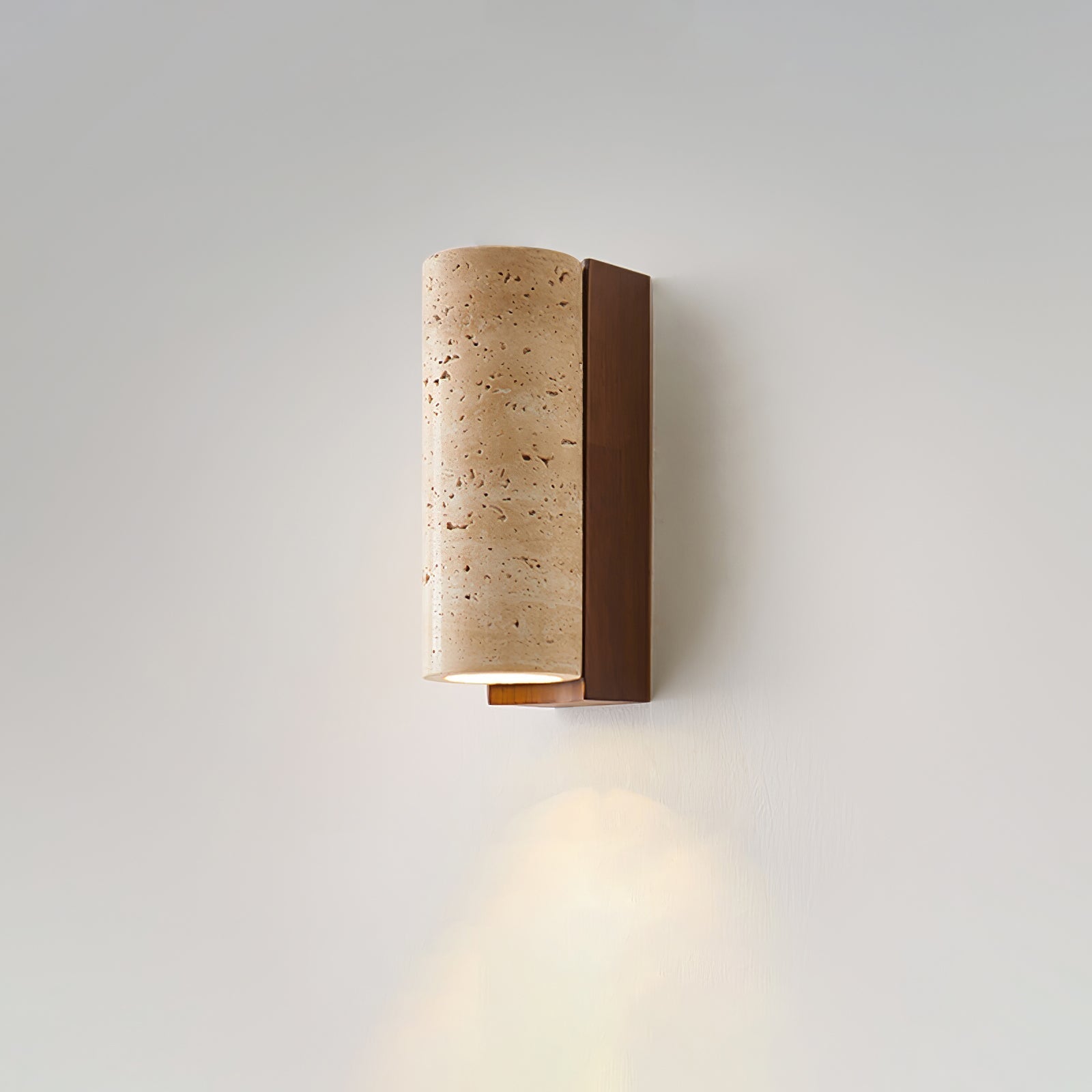 Minimalist Travertine Wall Light – Curved Shade with Wooden Accent Detail