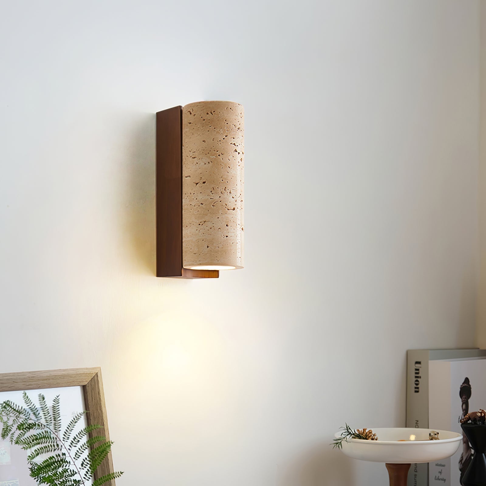 Minimalist Travertine Wall Light – Curved Shade with Wooden Accent Detail