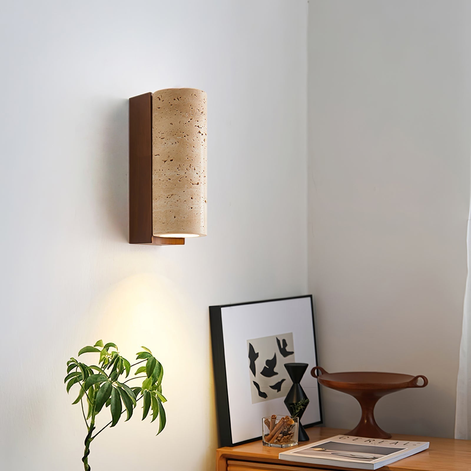 Minimalist Travertine Wall Light – Curved Shade with Wooden Accent Detail