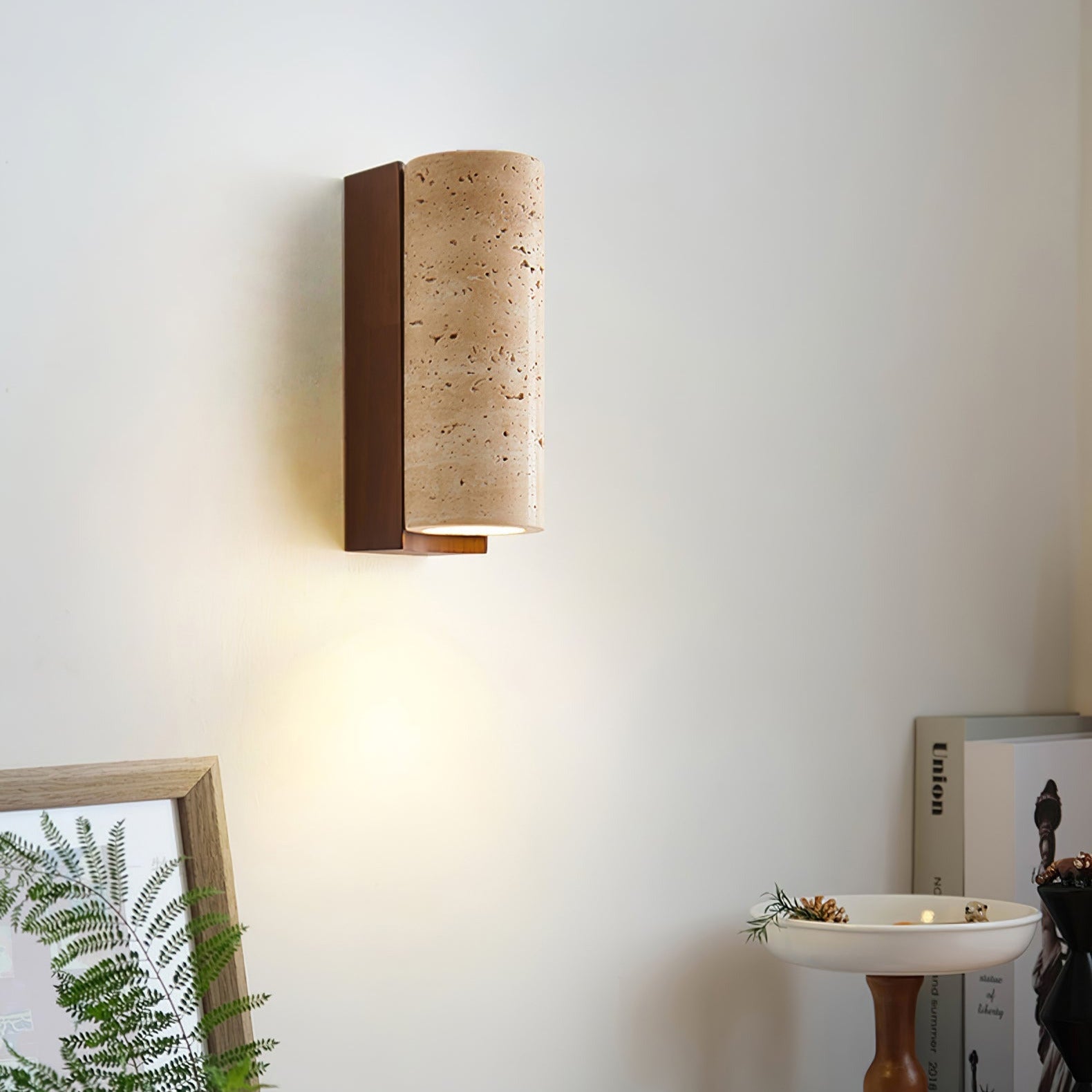 Minimalist Travertine Wall Light – Curved Shade with Wooden Accent Detail
