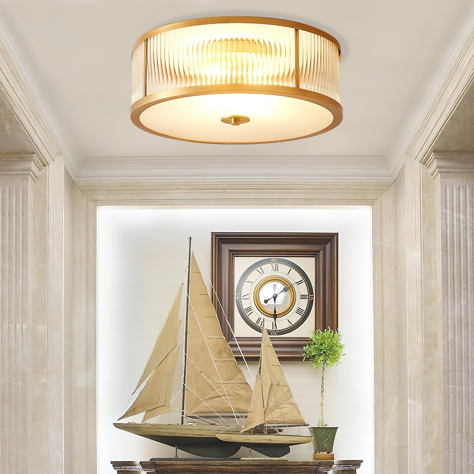 Sleek Vintage Ceiling Light – Brass Frame with Polished Glass Globes
