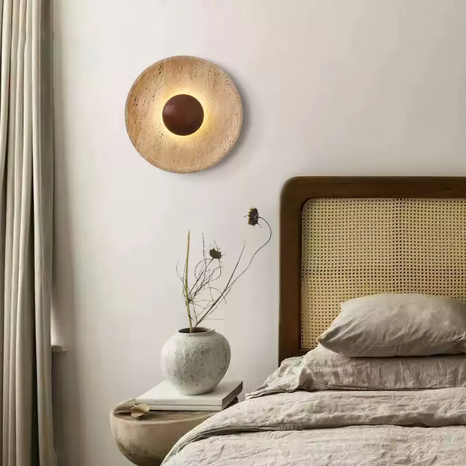 Modern Decorative Wall Light – Travertine and Wood Warm LED Fixture