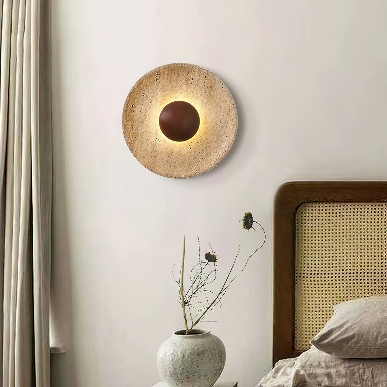 Modern Decorative Wall Light – Travertine and Wood Warm LED Fixture