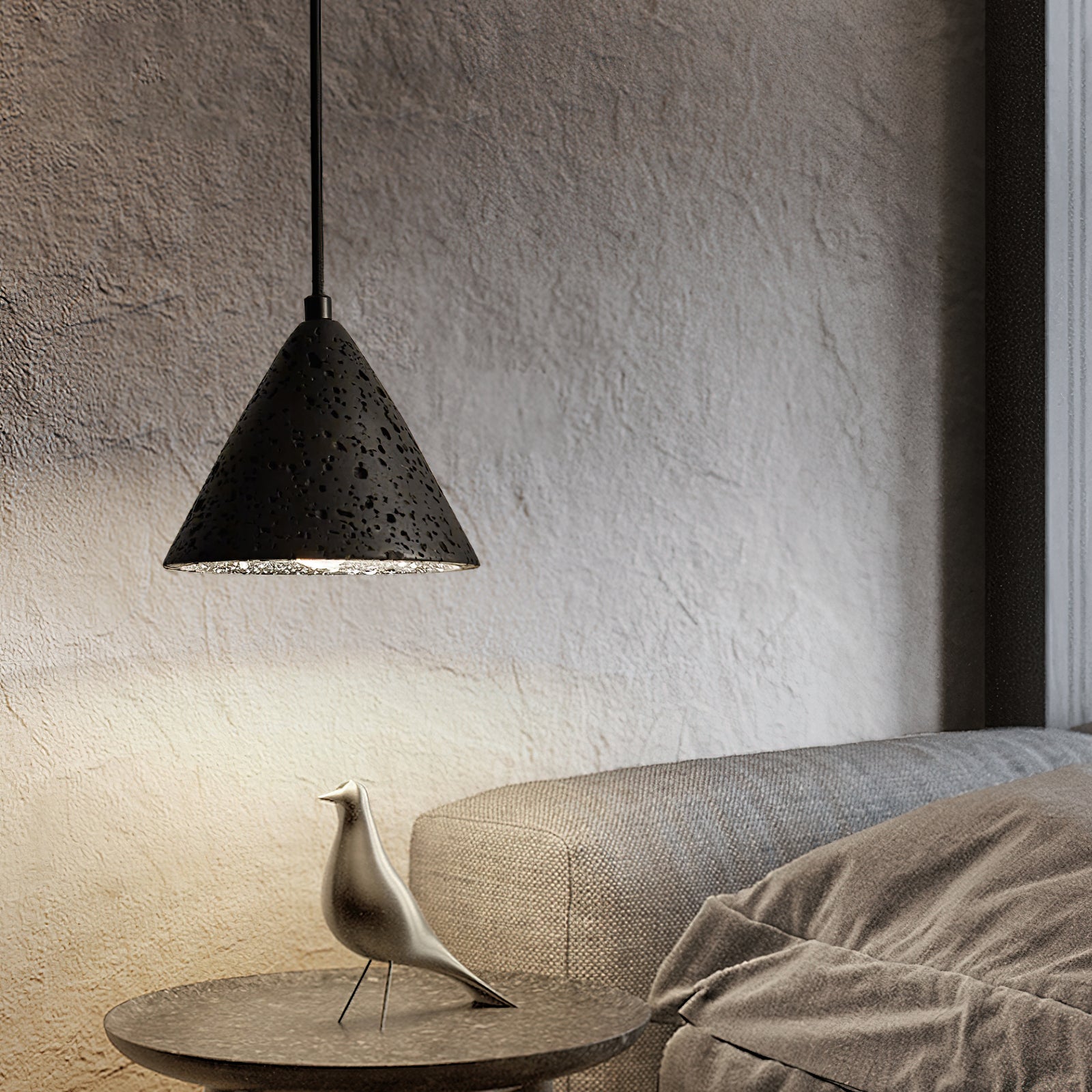 Artistic Dome Travertine Pendant Light – Cone Shade, Black & Yellow Finish