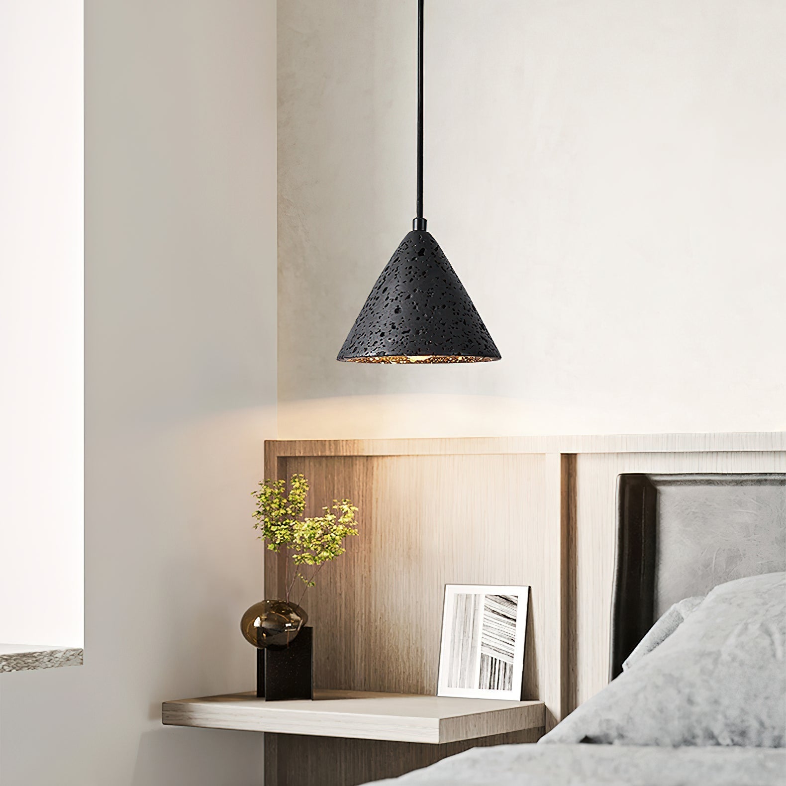 Artistic Dome Travertine Pendant Light – Cone Shade, Black & Yellow Finish