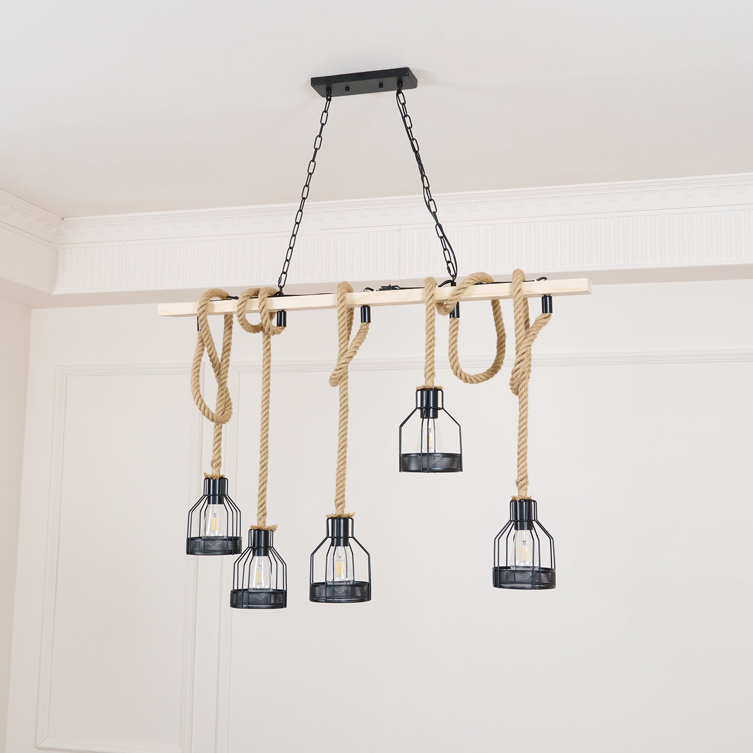 Industrial Hemp Rope Chandelier – Rustic Style Lighting