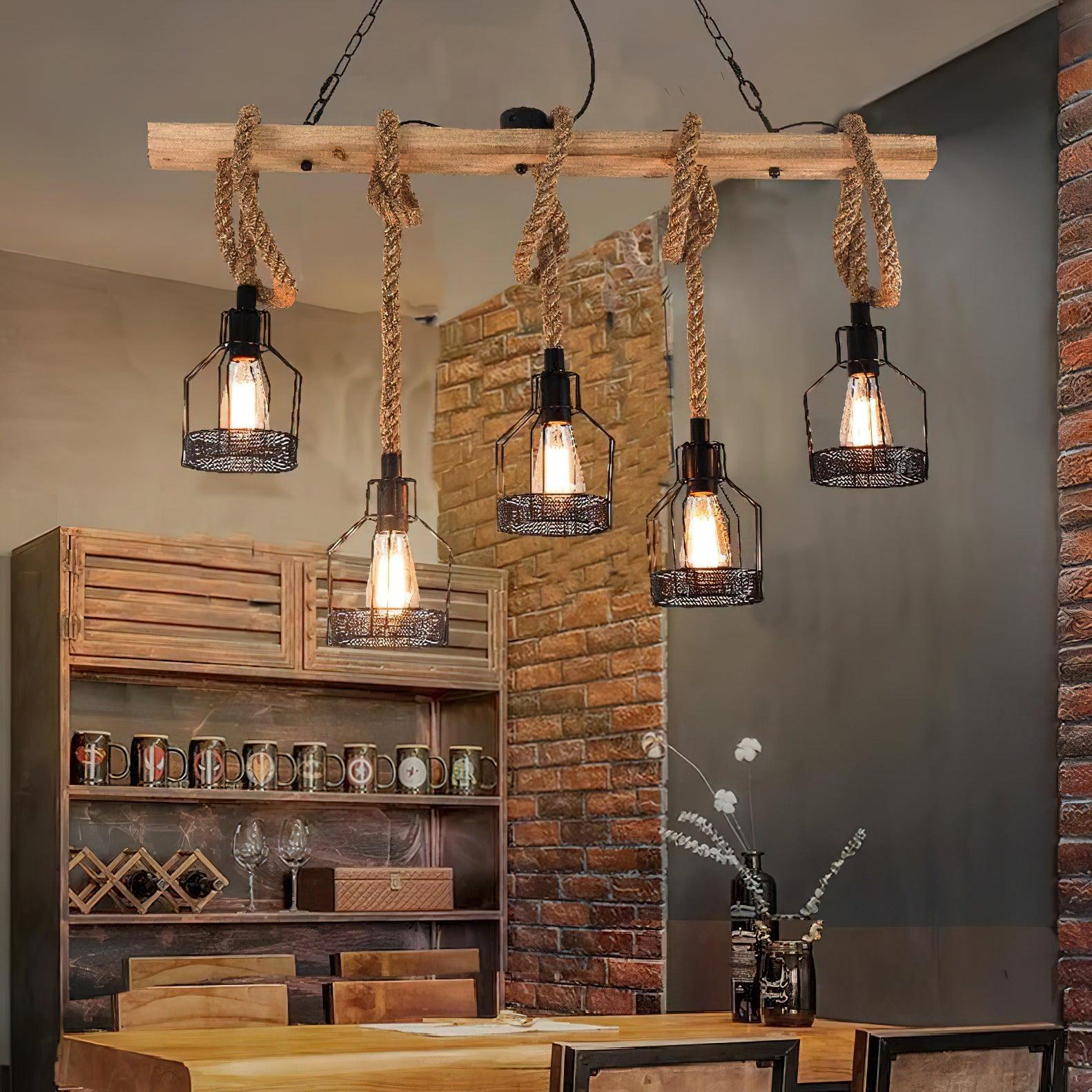 Industrial Hemp Rope Chandelier – Rustic Style Lighting