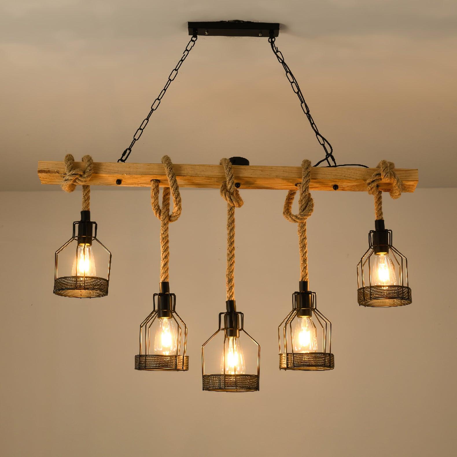 Industrial Hemp Rope Chandelier – Rustic Style Lighting