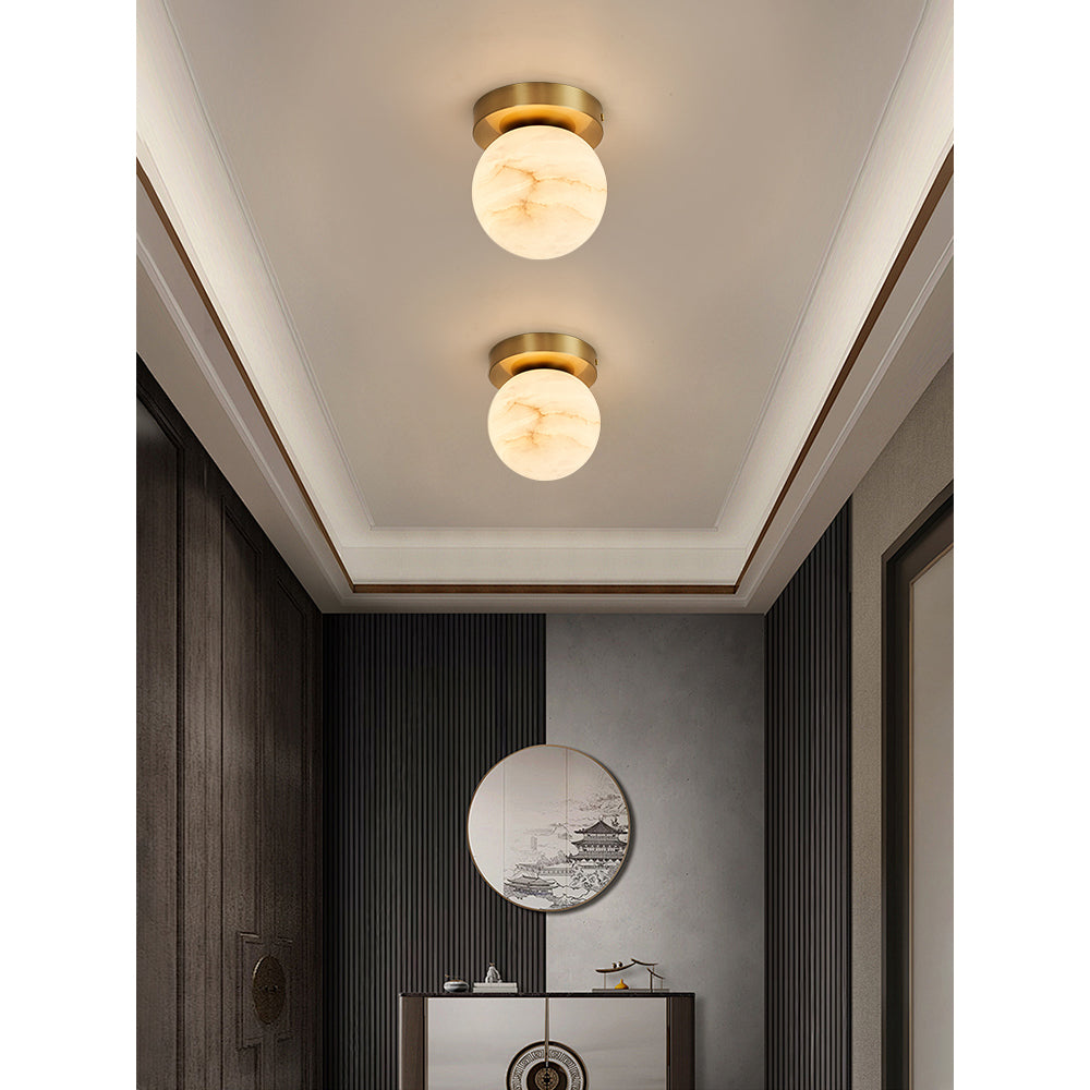 Alabaster and Brass Ceiling Light – Compact Flush Mount Fixture
