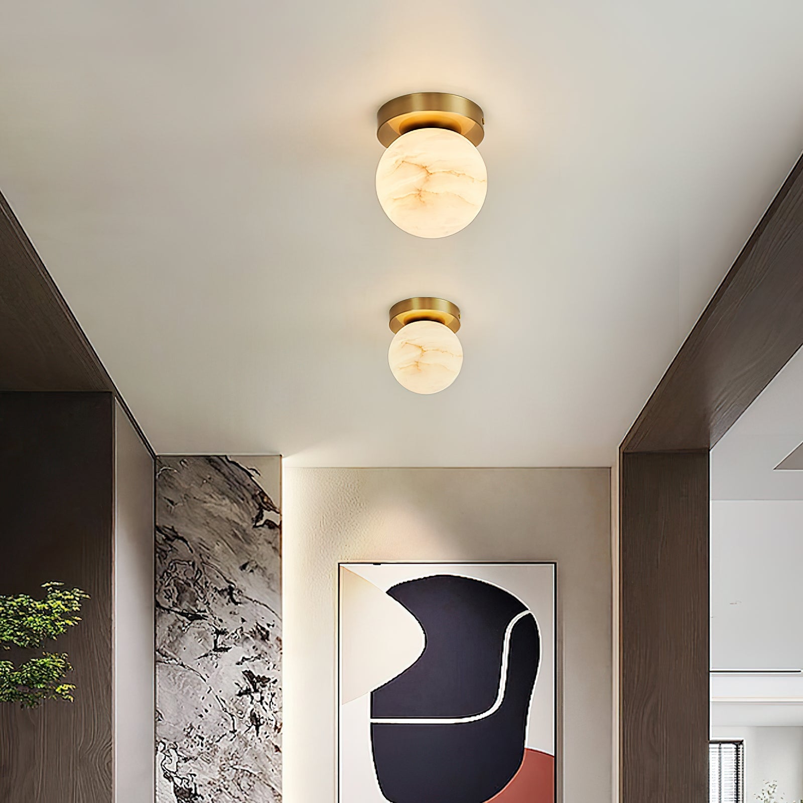 Alabaster and Brass Ceiling Light – Compact Flush Mount Fixture
