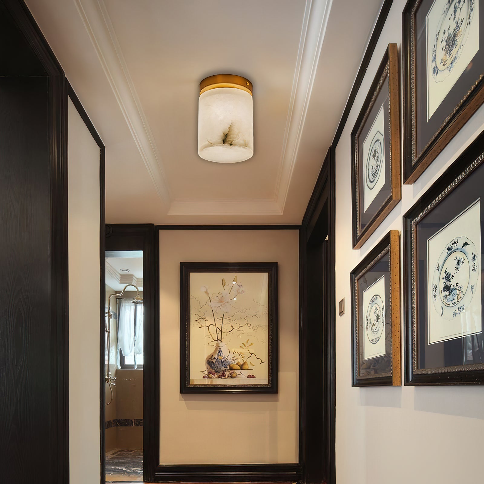 Alabaster and Brass Ceiling Light – Compact Flush Mount Fixture