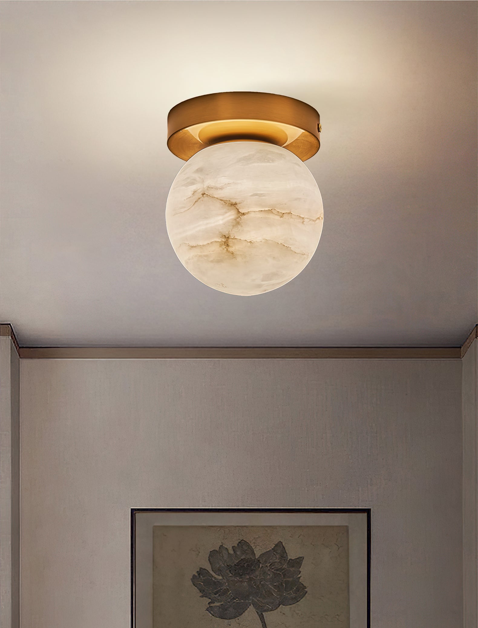 Alabaster and Brass Ceiling Light – Compact Flush Mount Fixture
