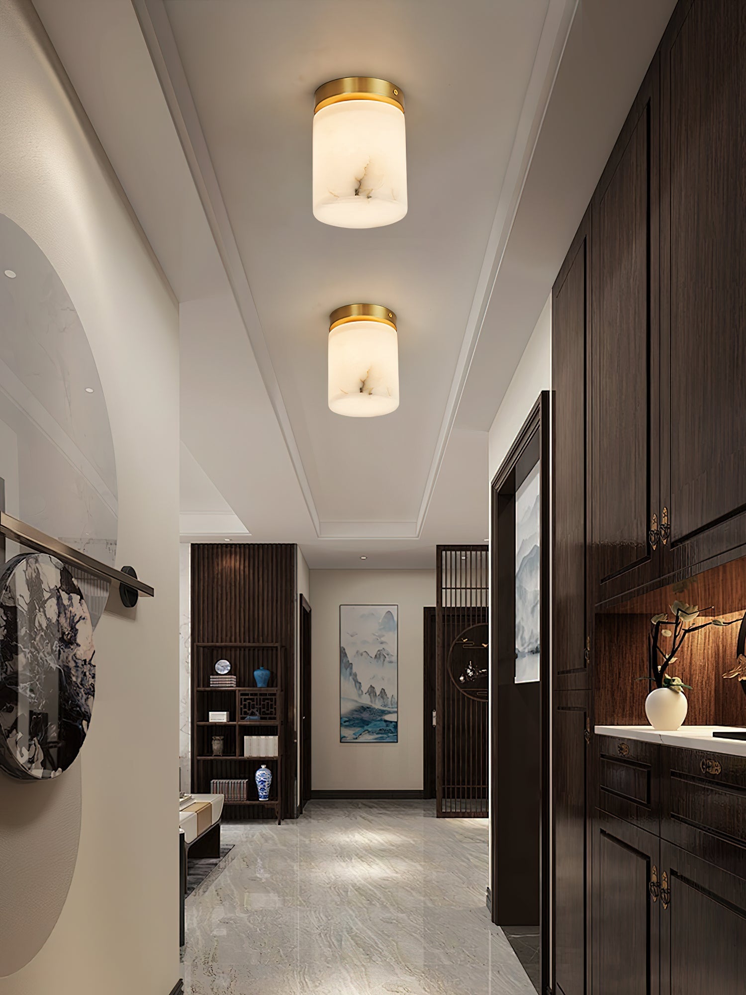 Alabaster and Brass Ceiling Light – Compact Flush Mount Fixture