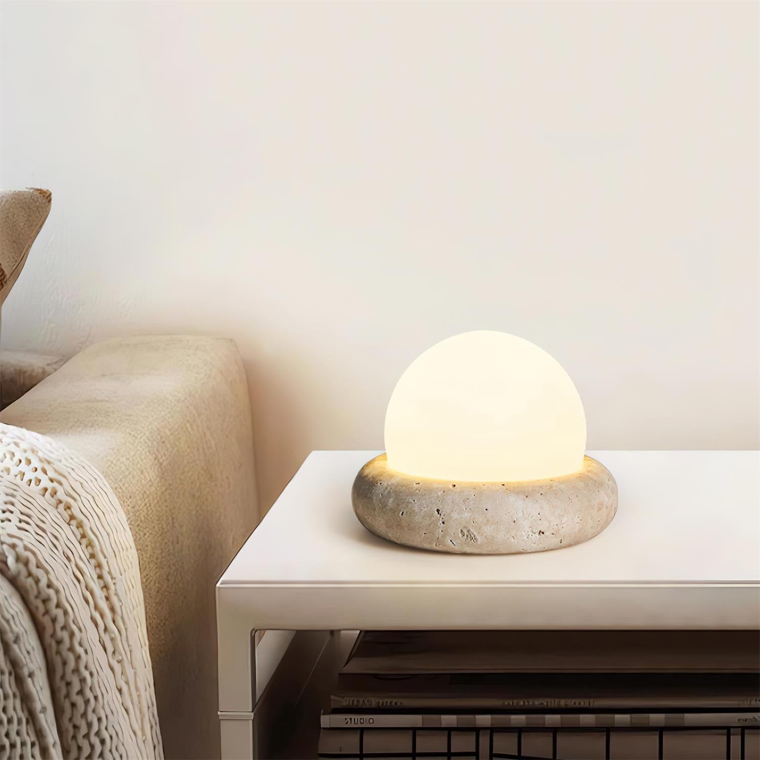 Modern Beige Travertine Table Lamp – Soft Ambient Lighting