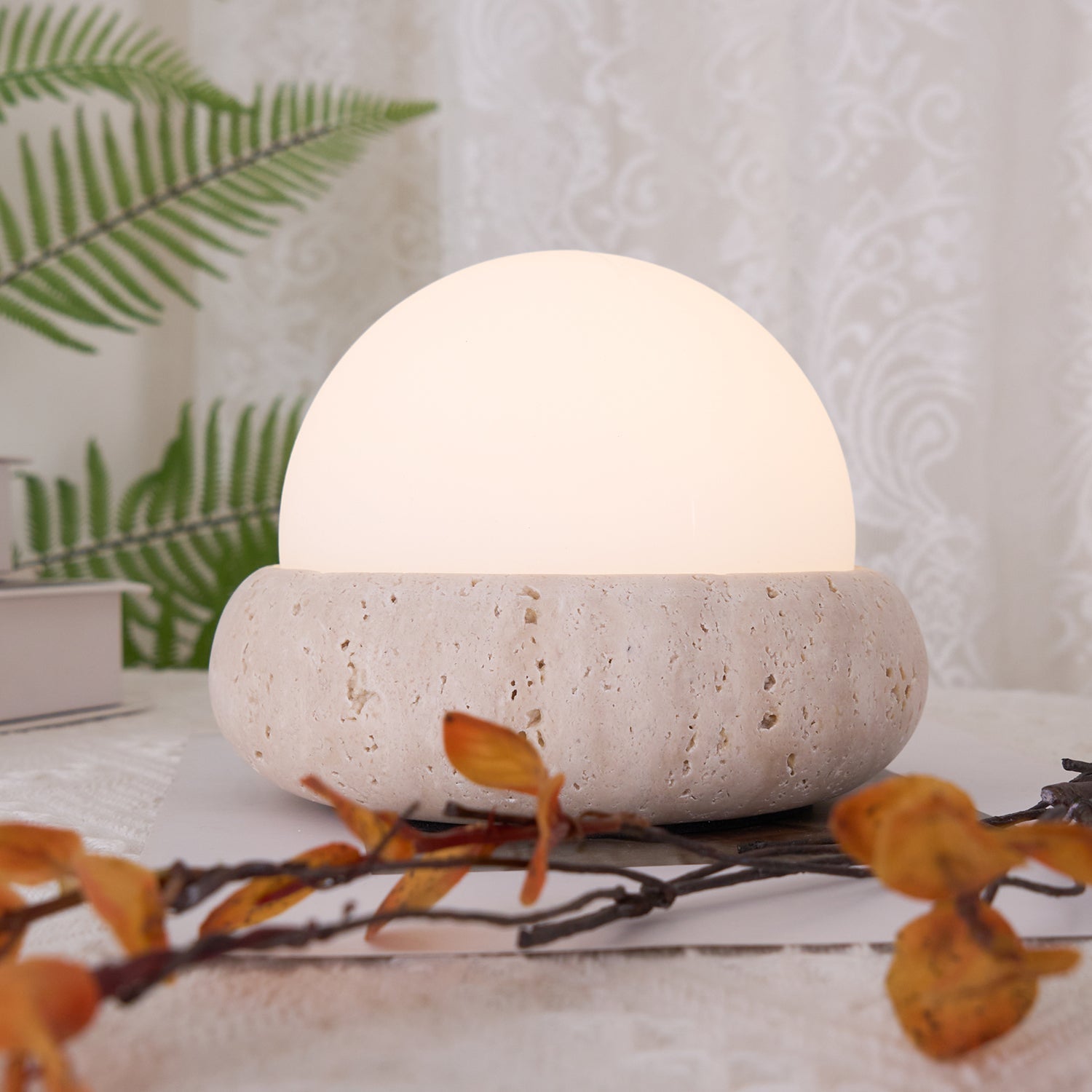 Modern Beige Travertine Table Lamp – Soft Ambient Lighting
