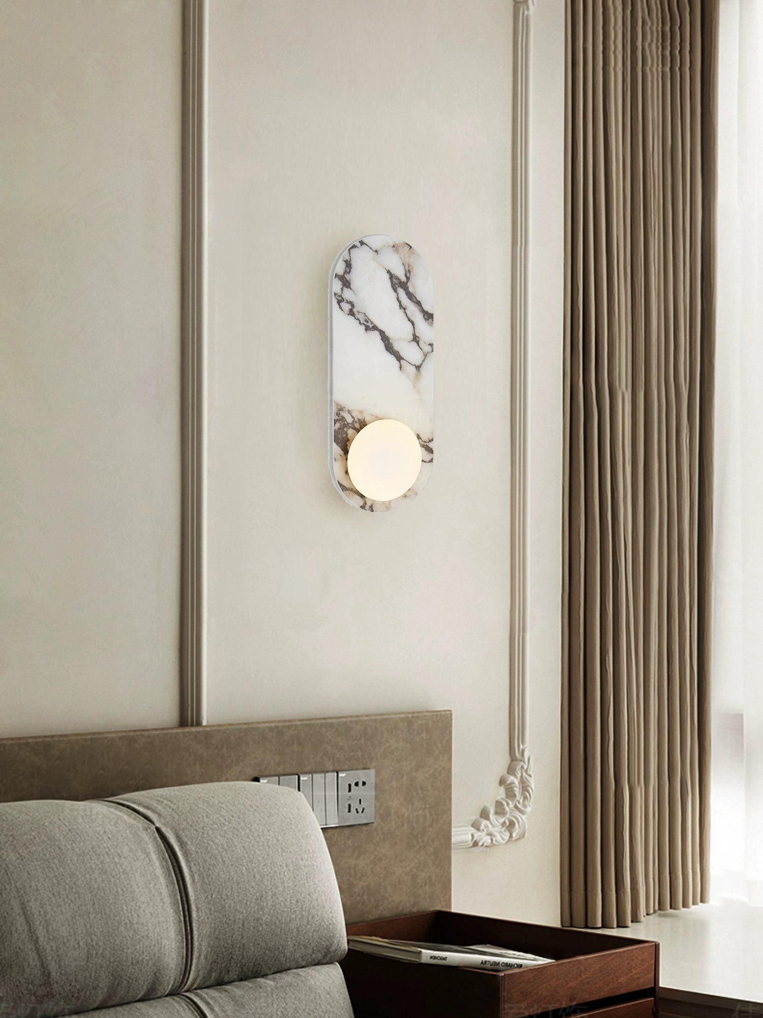 Marble Wall Sconce with Opaline Glass Globe – Mid-Century Inspired Light