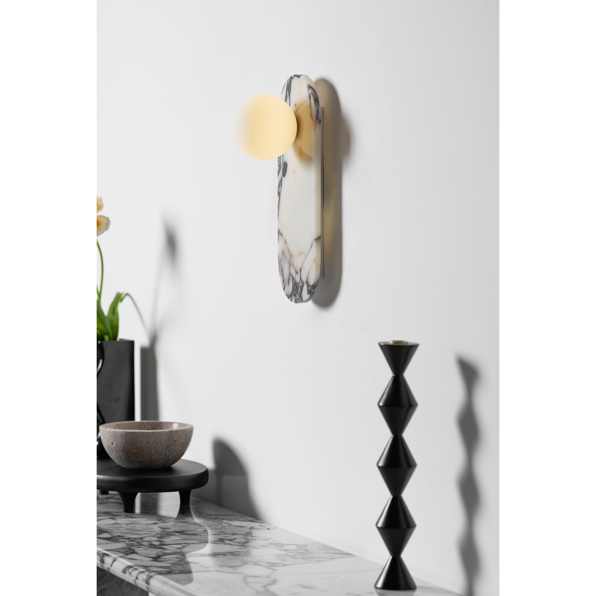 Marble Wall Sconce with Opaline Glass Globe – Mid-Century Inspired Light