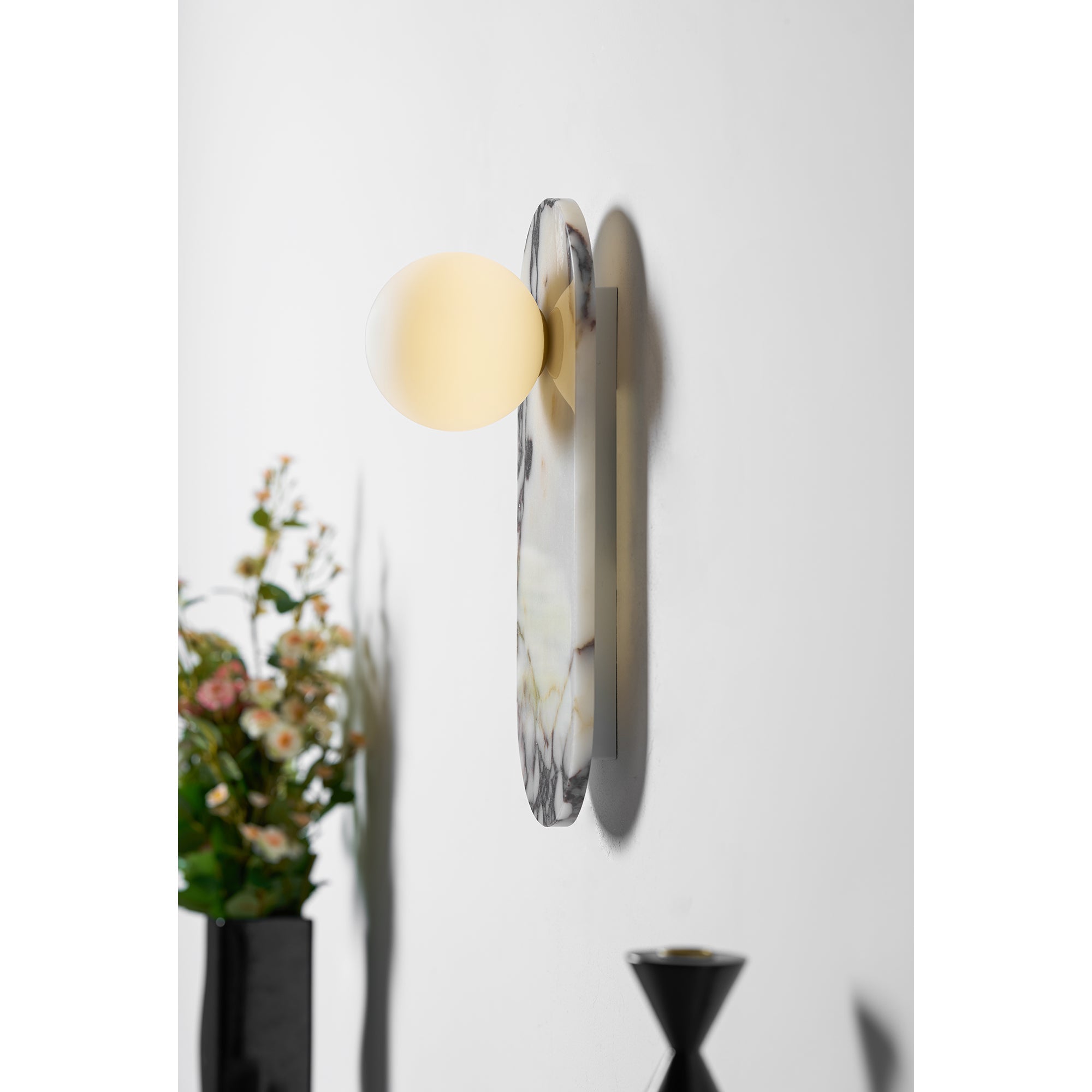 Marble Wall Sconce with Opaline Glass Globe – Mid-Century Inspired Light