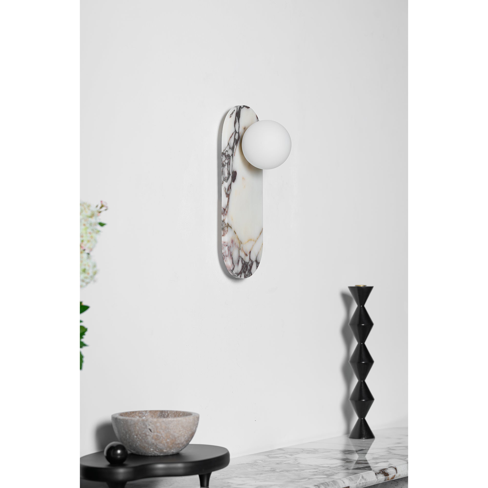 Marble Wall Sconce with Opaline Glass Globe – Mid-Century Inspired Light