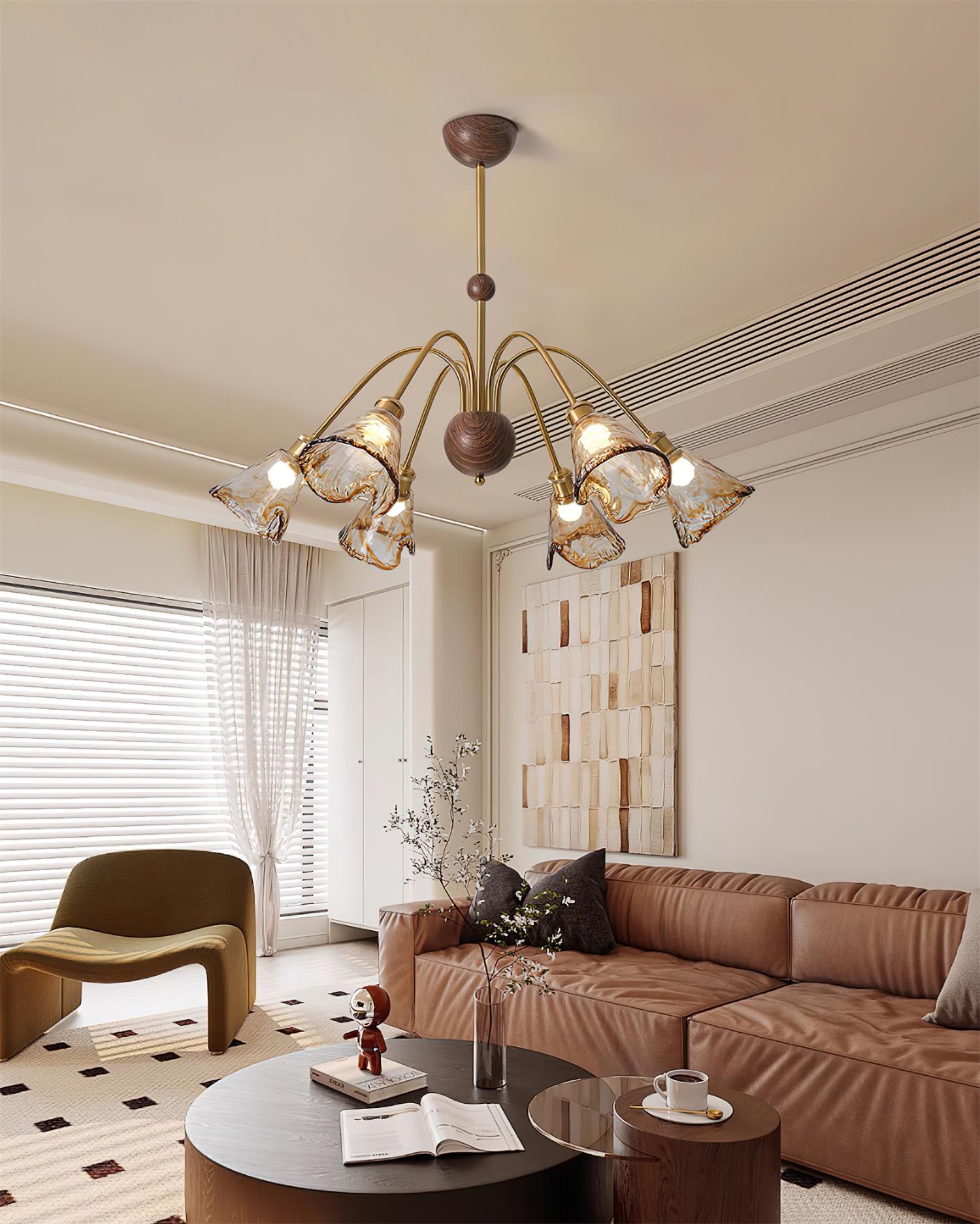 Modern Glass Shade Chandelier – 3 or 6-Head Gold, Amber Finish