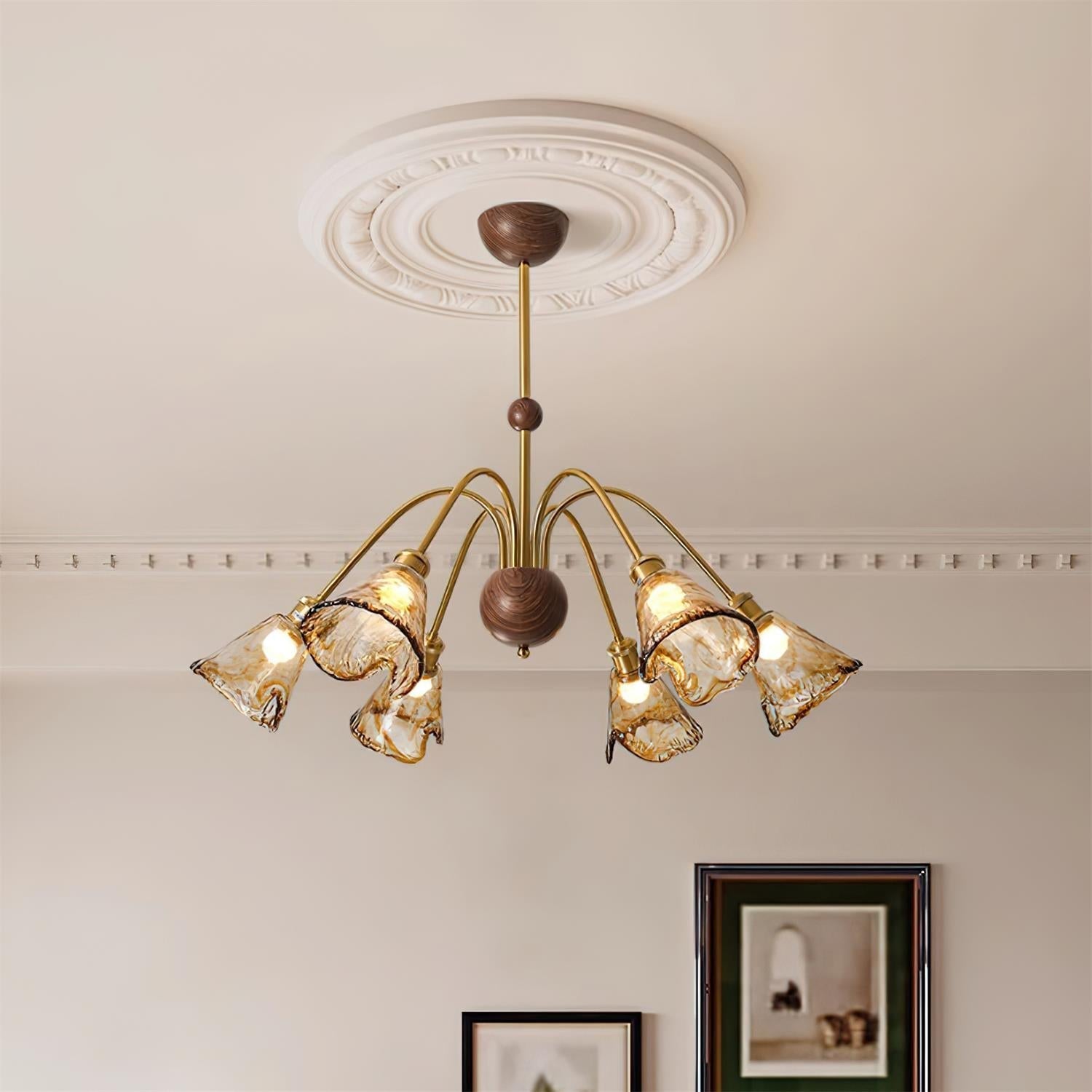 Modern Glass Shade Chandelier – 3 or 6-Head Gold, Amber Finish