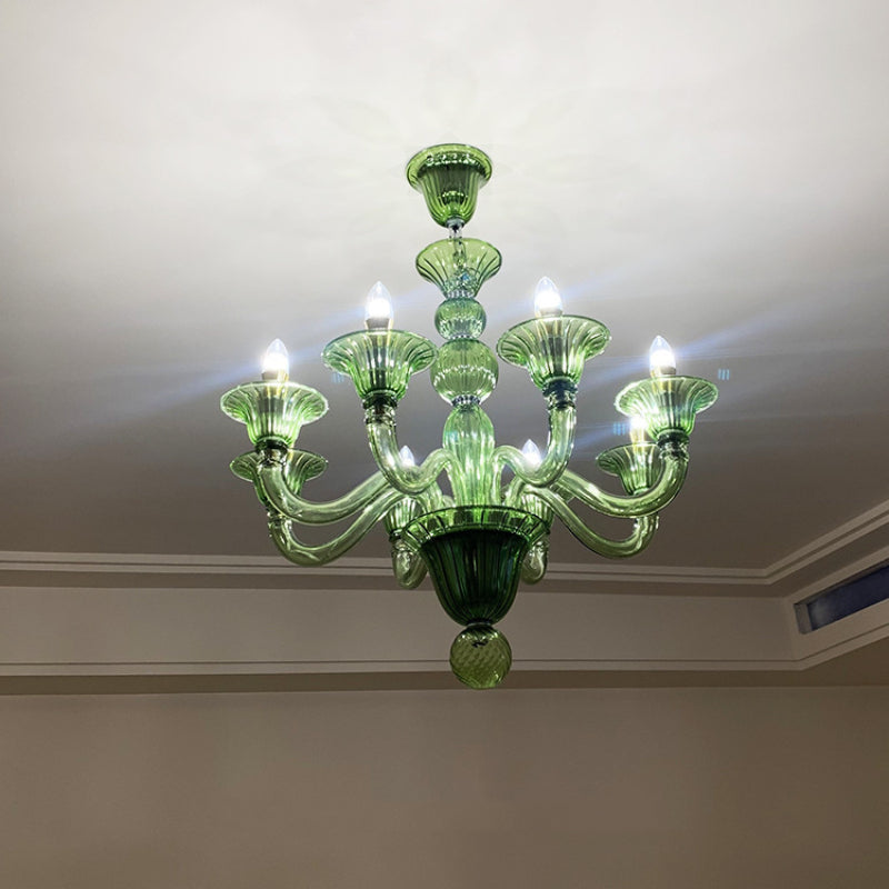 Modern Floral Metal & Glass Chandelier – Retro Design in Green, Yellow, Clear