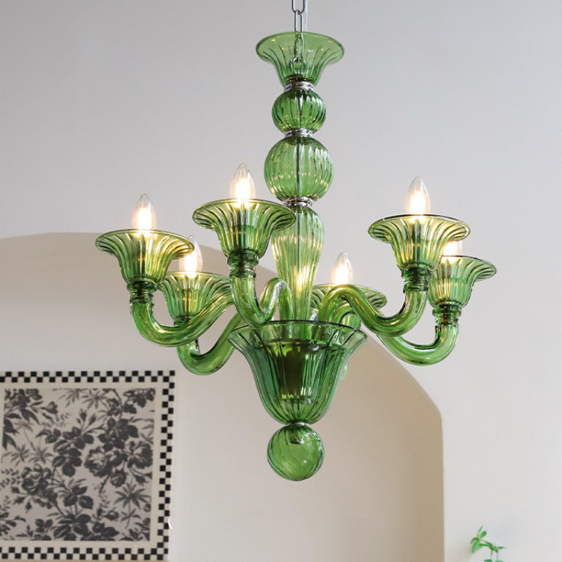 Modern Floral Metal & Glass Chandelier – Retro Design in Green, Yellow, Clear