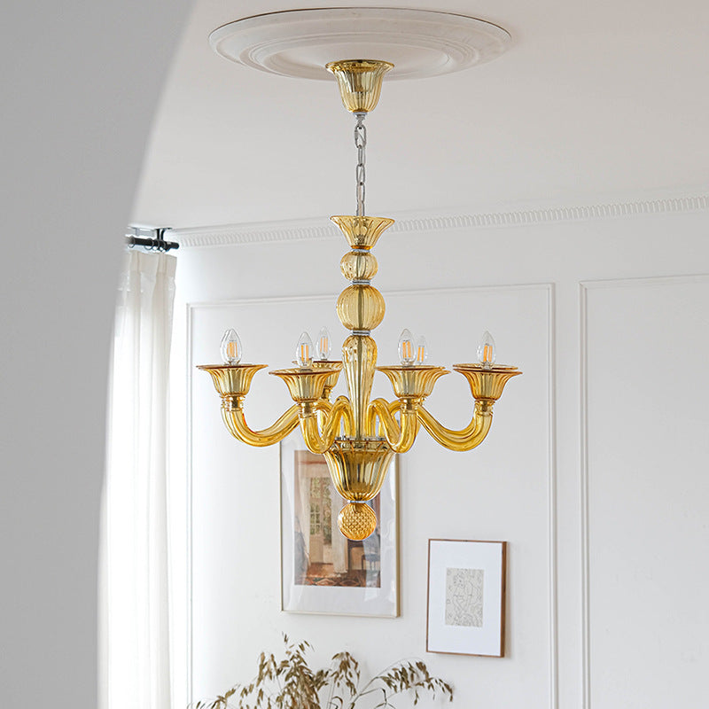 Modern Floral Metal & Glass Chandelier – Retro Design in Green, Yellow, Clear