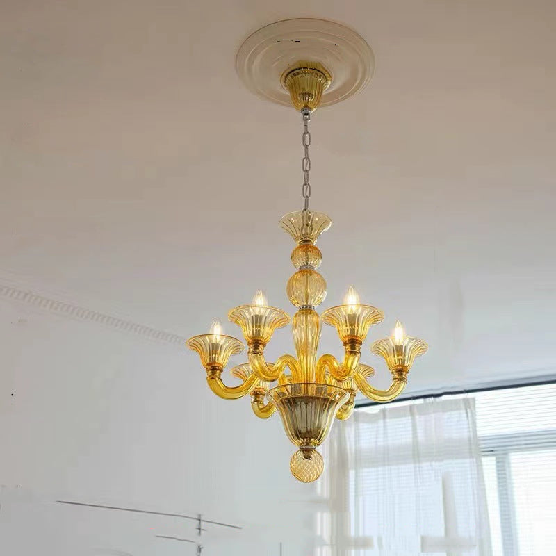 Modern Floral Metal & Glass Chandelier – Retro Design in Green, Yellow, Clear