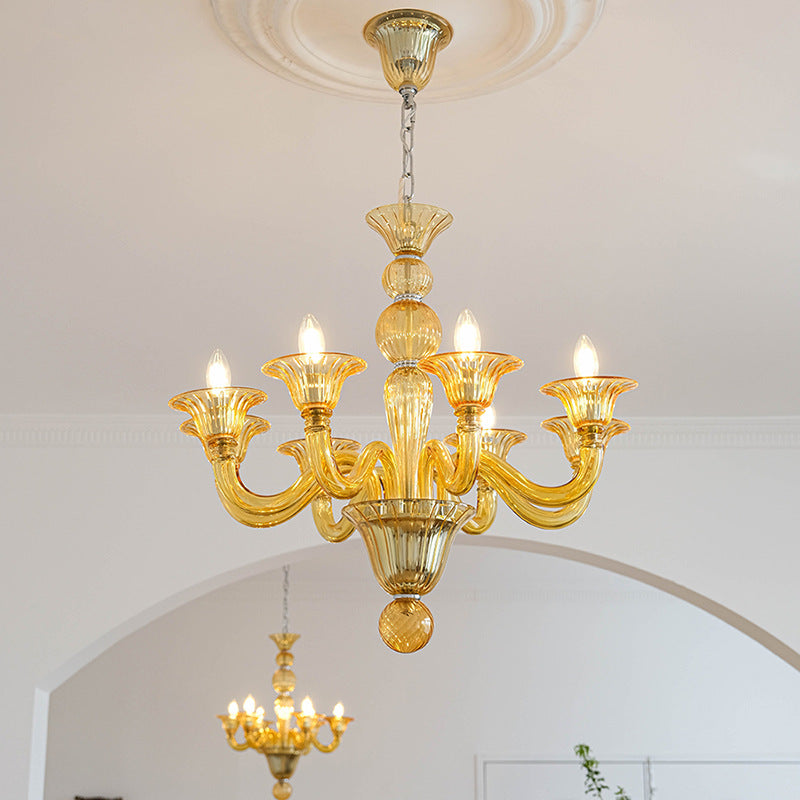 Modern Floral Metal & Glass Chandelier – Retro Design in Green, Yellow, Clear