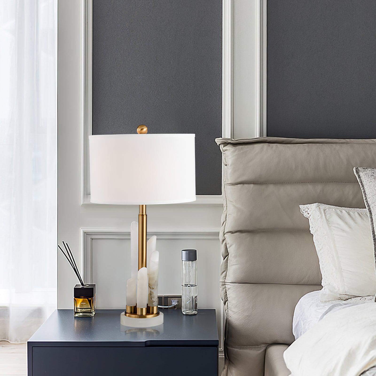 Stylish Modern Table Lamp – Cylindrical Alabaster Shade with Warm LED Lighting