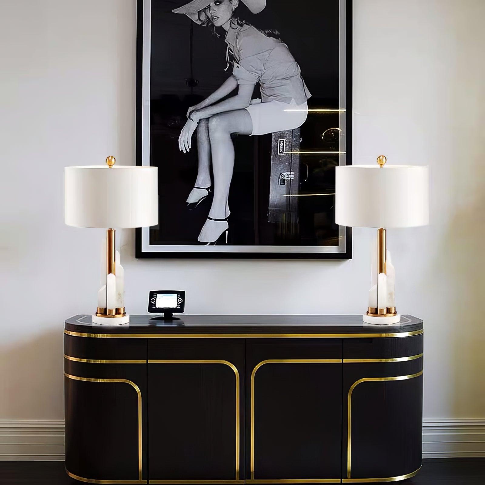 Stylish Modern Table Lamp – Cylindrical Alabaster Shade with Warm LED Lighting