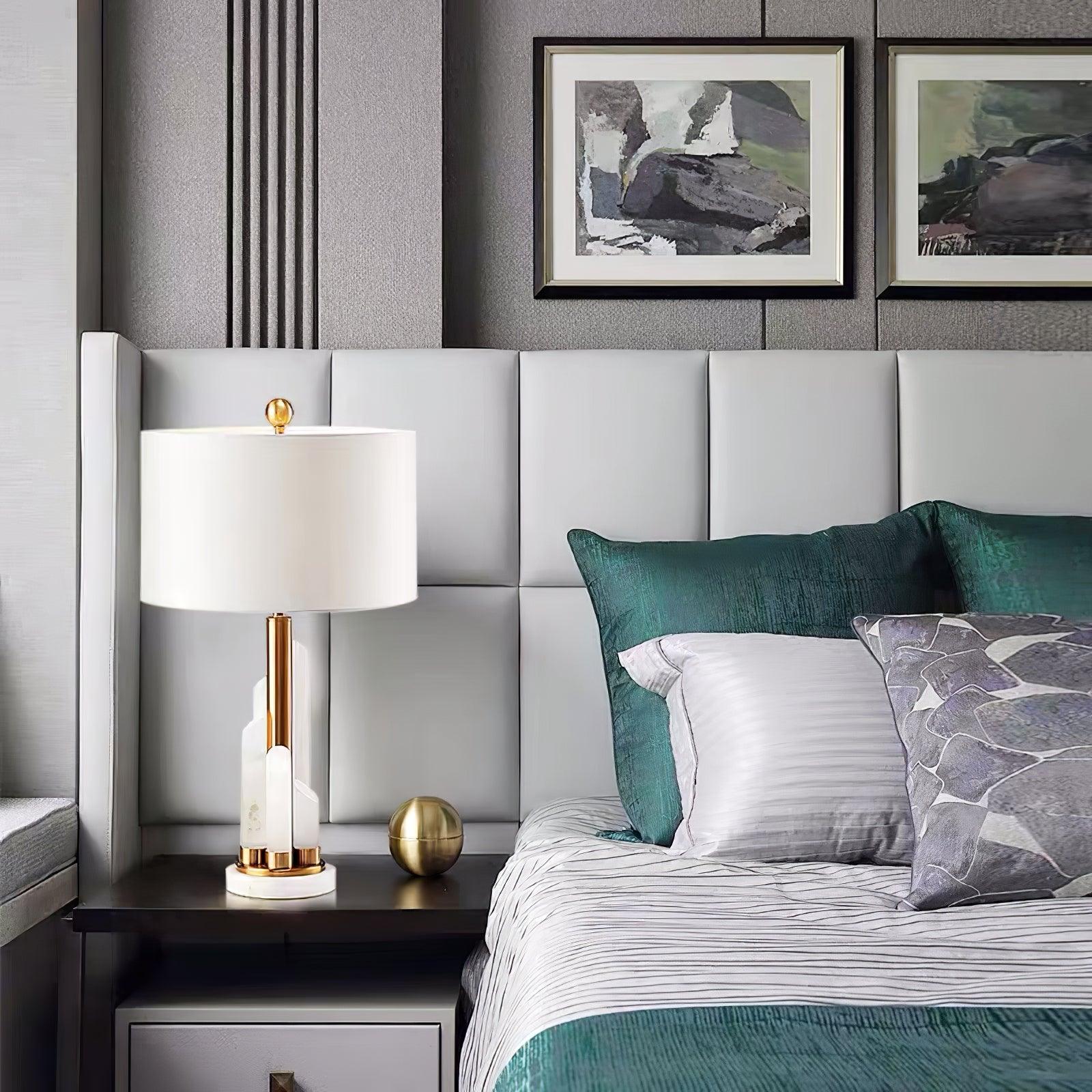 Stylish Modern Table Lamp – Cylindrical Alabaster Shade with Warm LED Lighting