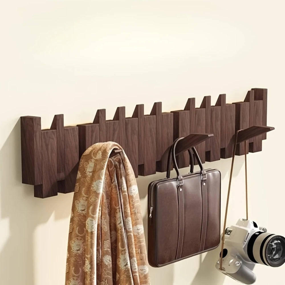 Wooden Fold-Down Hook Rack | Piano-Inspired Wall Storage