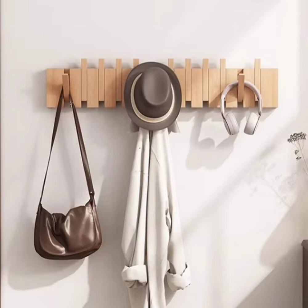 Wooden Fold-Down Hook Rack | Piano-Inspired Wall Storage