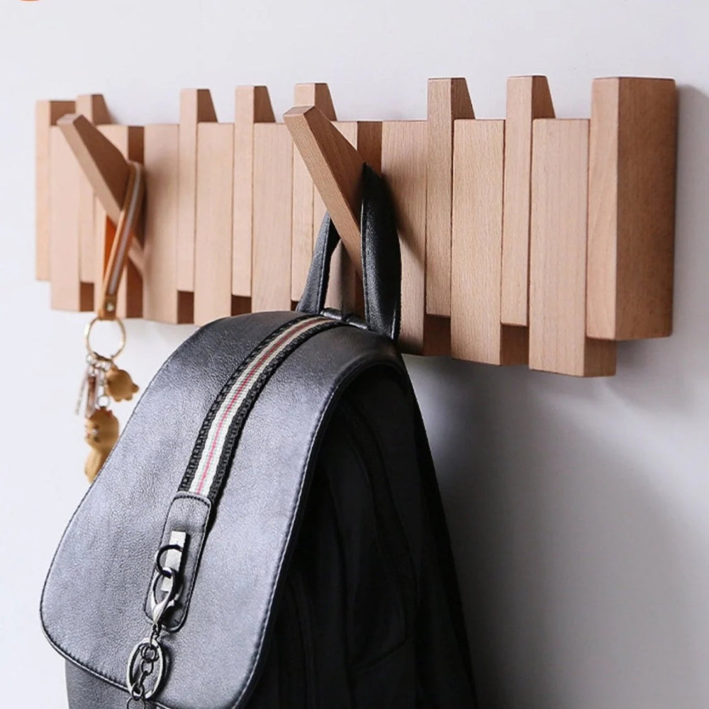 Wooden Fold-Down Hook Rack | Piano-Inspired Wall Storage