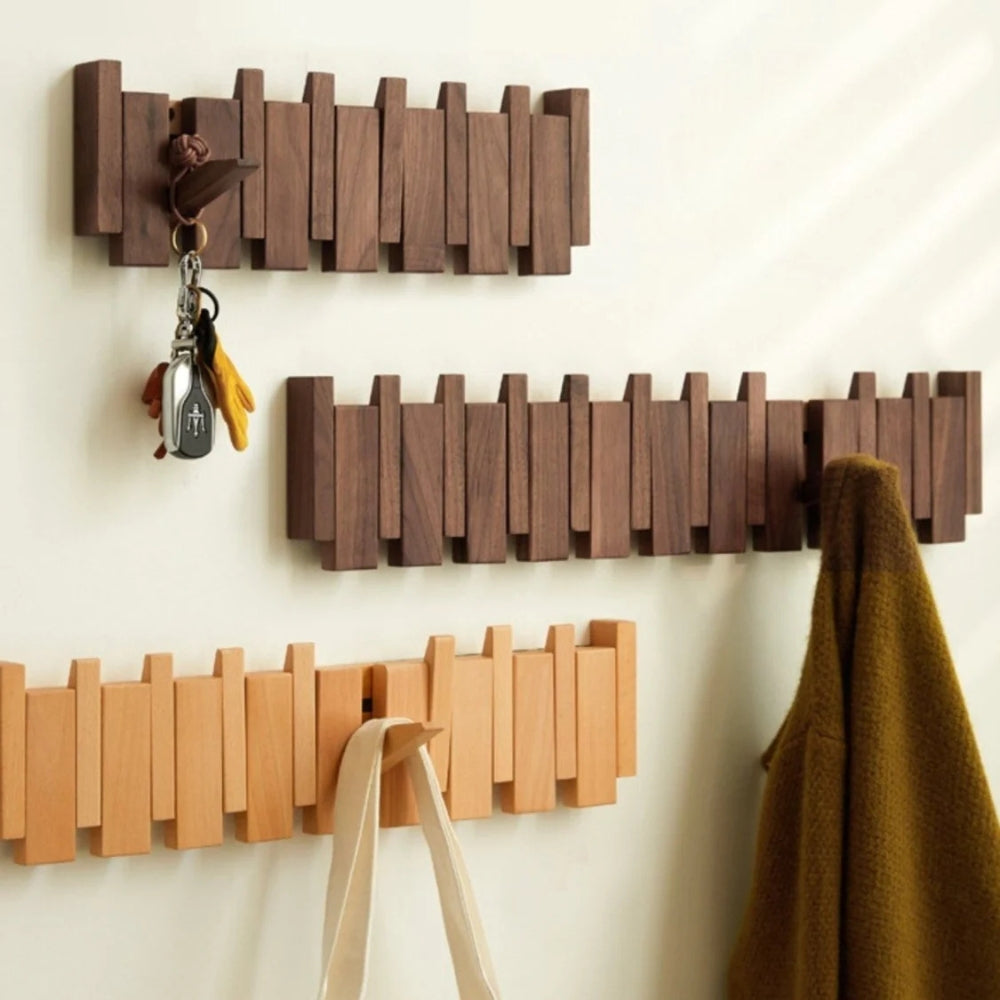 Wooden Fold-Down Hook Rack | Piano-Inspired Wall Storage
