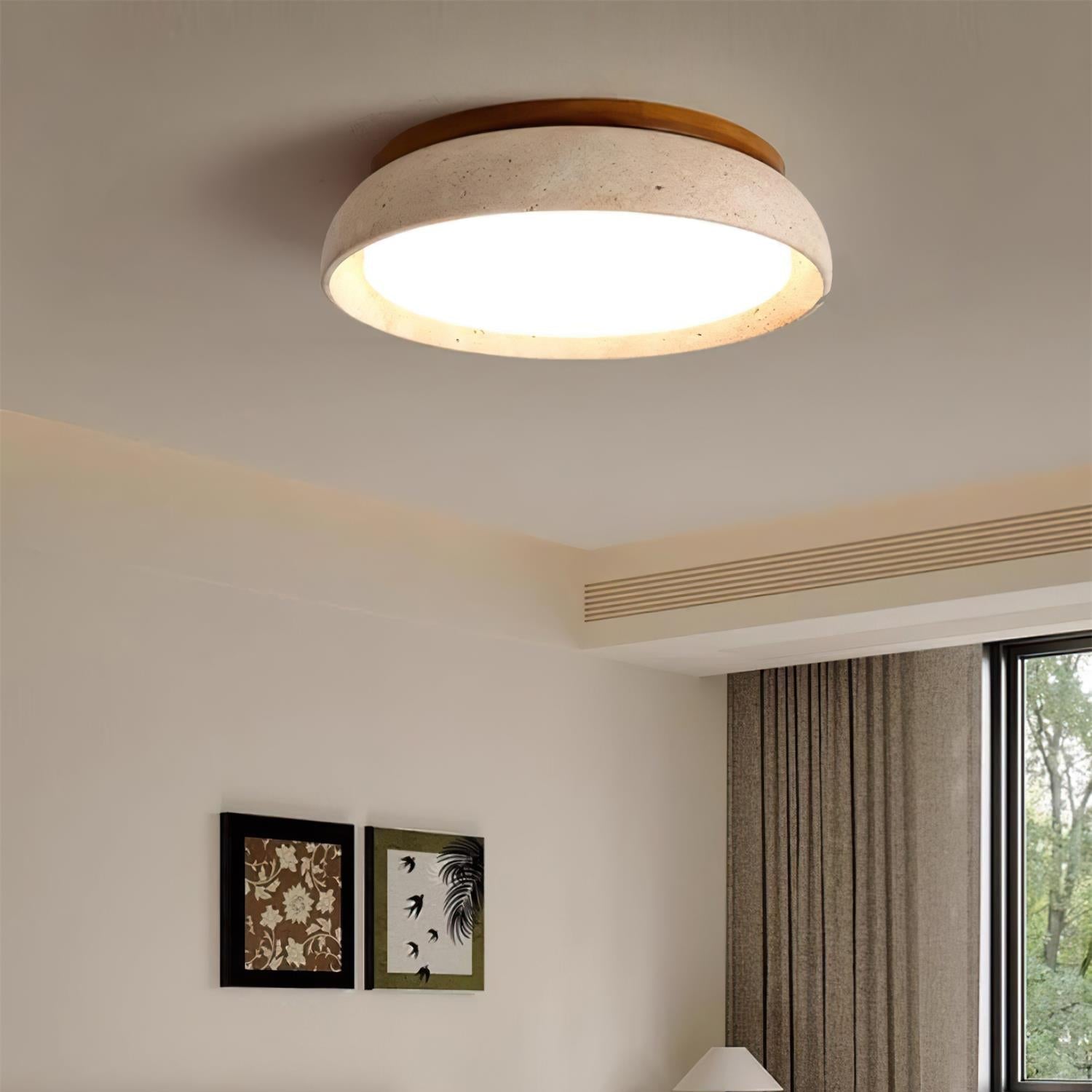 Contemporary Round Ceiling Light with Travertine Finish