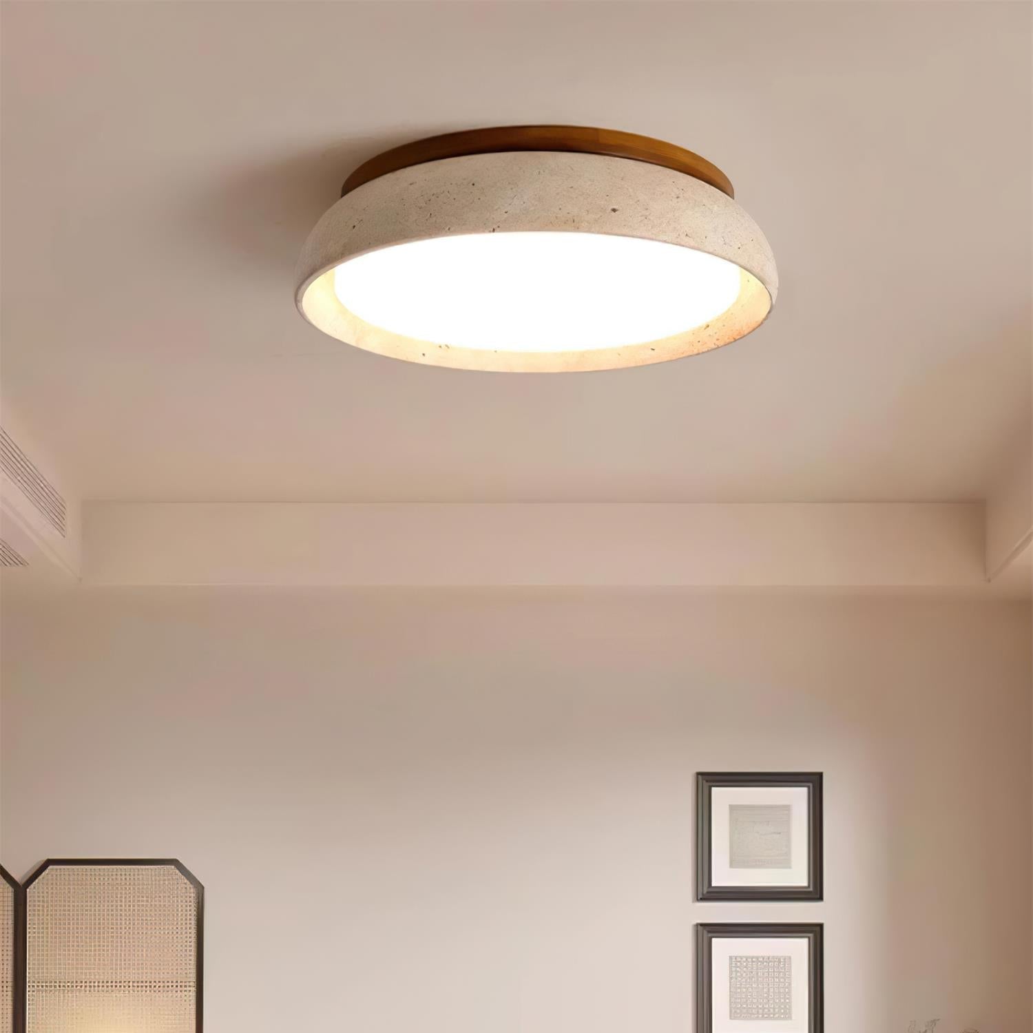 Contemporary Round Ceiling Light with Travertine Finish